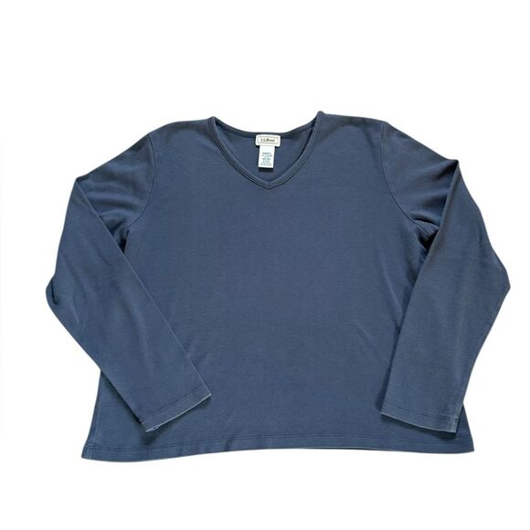 LL Bean V Neck Long Sleeve Top Supima Cotton Navy Blue Womens Size Medium - Picture 1 of 5